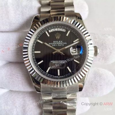 High Quality Fake Rolex Presidential Day Date Watch SS Black Striped Dial MingZhu Movement 41 MM